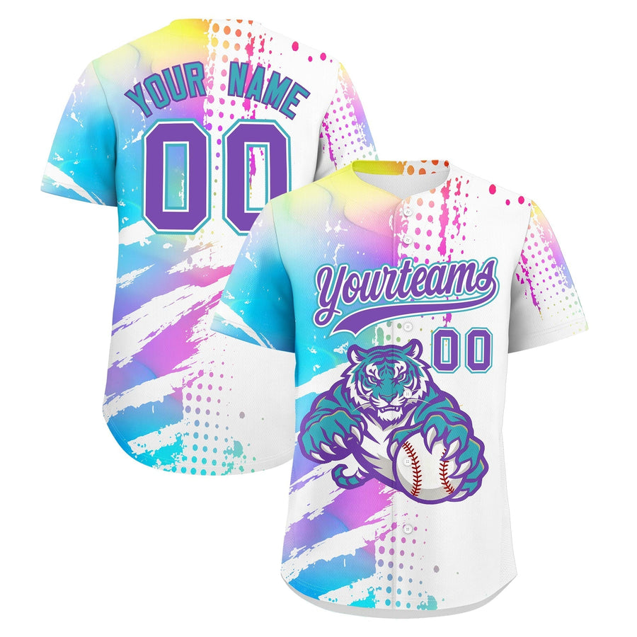 Custom White Sky Blue Baseball Jersey Full-Snap Graffiti Pattern Tiger Graffiti Jersey | BuyFootballJersey