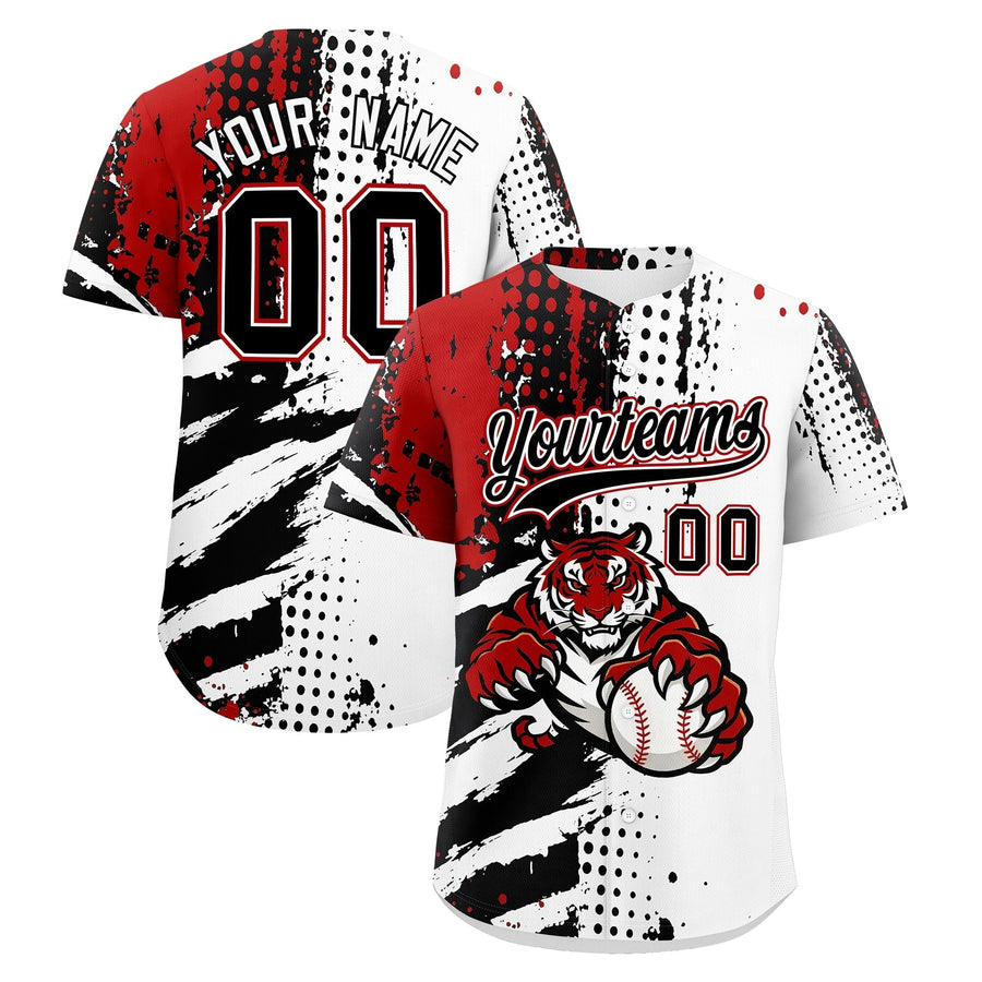 Custom White Black Red Baseball Jersey Full-Snap Graffiti Pattern Tiger Graffiti Jersey | BuyFootballJersey