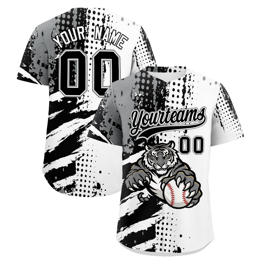 Custom White Black Gray Baseball Jersey Full-Snap Graffiti Pattern Tiger Graffiti Jersey | BuyFootballJersey