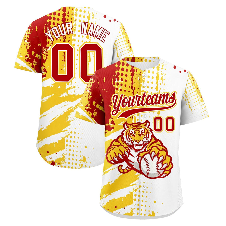 Custom White Gold Red Baseball Jersey Full-Snap Graffiti Pattern Tiger Graffiti Jersey | BuyFootballJersey