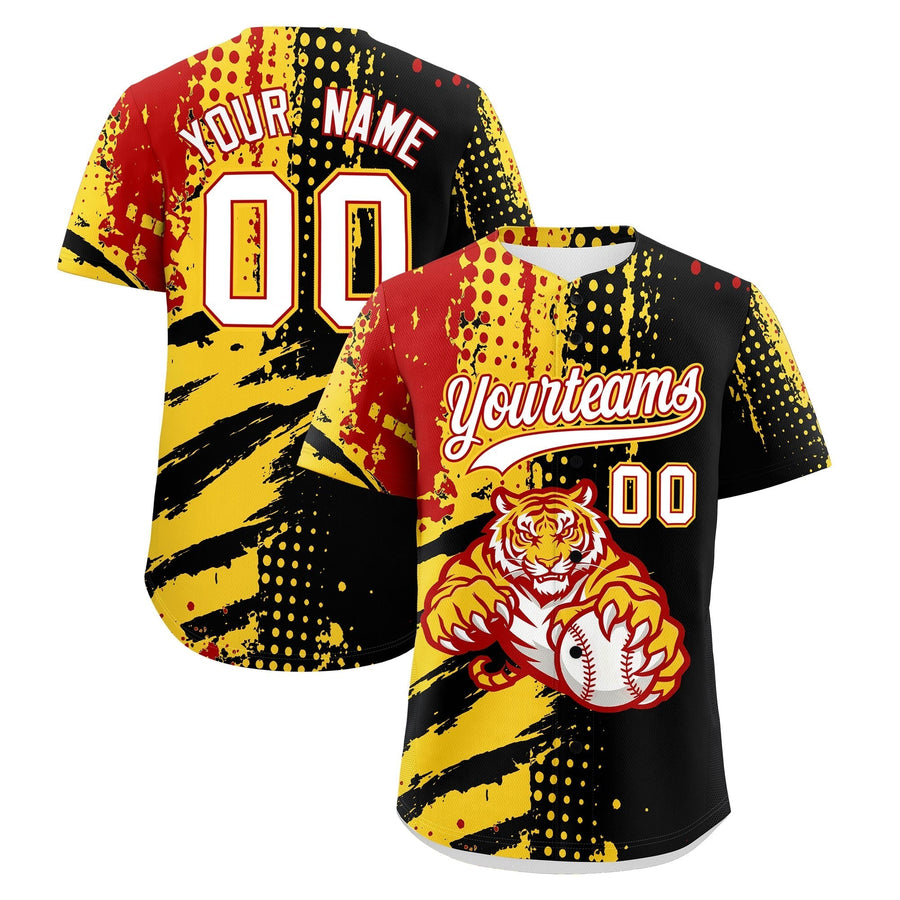 Custom Black Red Gold Baseball Jersey Full-Snap Graffiti Pattern Tiger Graffiti Jersey | BuyFootballJersey