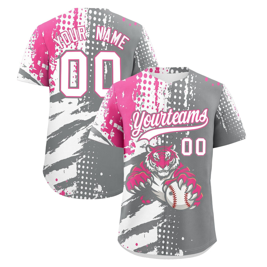 Custom Gray White Pink Baseball Jersey Full-Snap Graffiti Pattern Tiger Graffiti Jersey | BuyFootballJersey