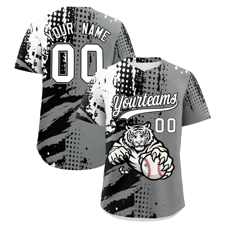 Custom Gray Black White Baseball Jersey Full-Snap Graffiti Pattern Tiger Graffiti Jersey | BuyFootballJersey