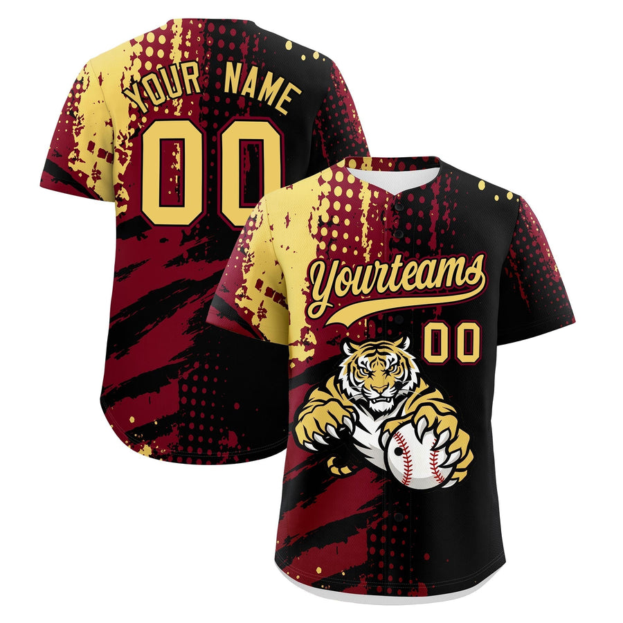 Custom Black Crimson Khaki Baseball Jersey Full-Snap Graffiti Pattern Tiger Graffiti Jersey | BuyFootballJersey