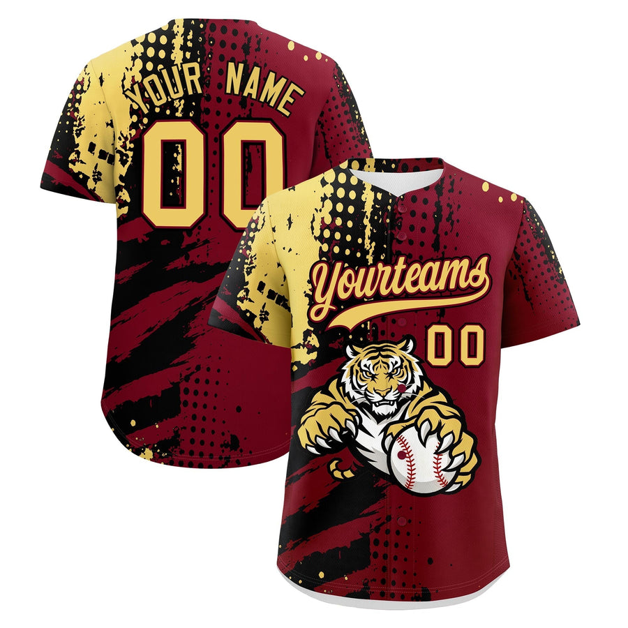 Custom Crimson Black Khaki Baseball Jersey Full-Snap Graffiti Pattern Tiger Graffiti Jersey | BuyFootballJersey