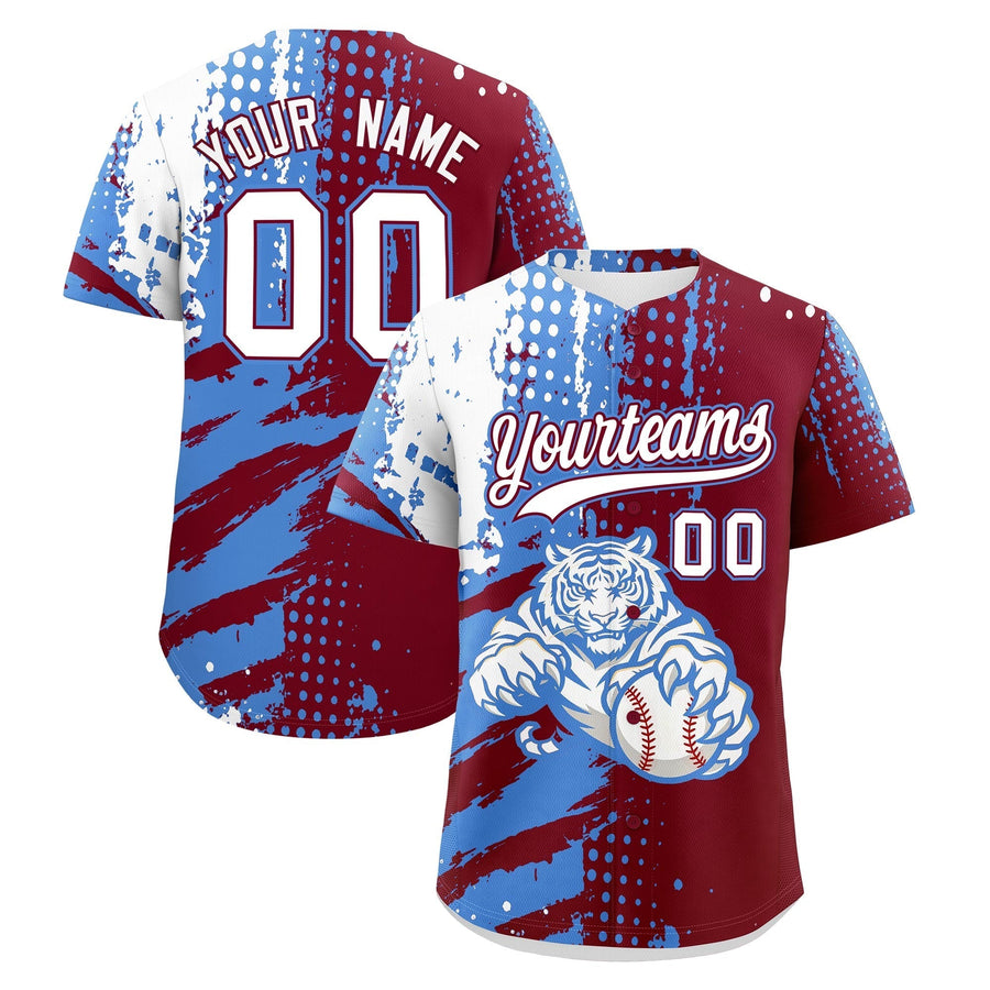 Custom Crimson Powder Blue White Baseball Jersey Full-Snap Graffiti Pattern Tiger Graffiti Jersey | BuyFootballJersey