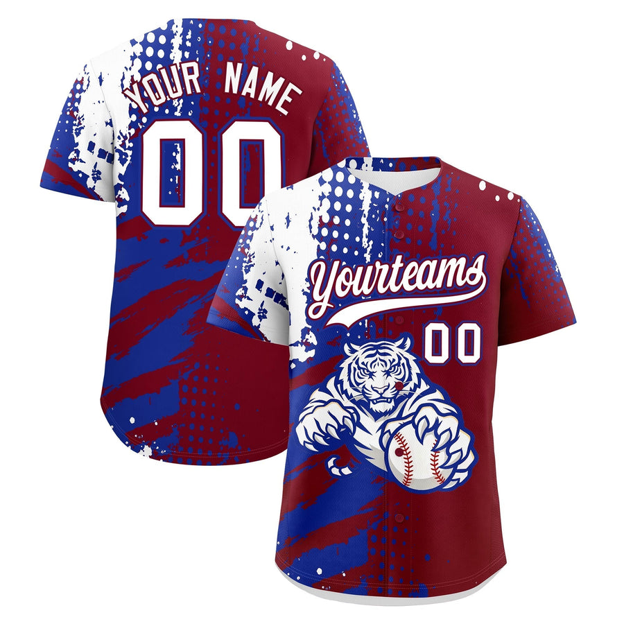 Custom Crimson Royal Blue White Baseball Jersey Full-Snap Graffiti Pattern Tiger Graffiti Jersey | BuyFootballJersey