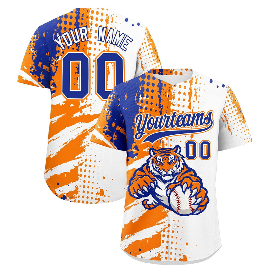 Custom White Orange Royal Blue Baseball Jersey Full-Snap Graffiti Pattern Tiger Graffiti Jersey | BuyFootballJersey