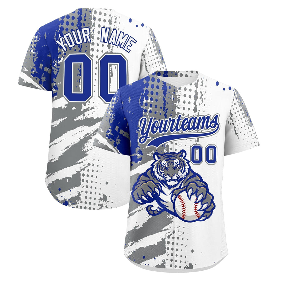 Custom White Gray Royal Blue Baseball Jersey Full-Snap Graffiti Pattern Tiger Graffiti Jersey | BuyFootballJersey