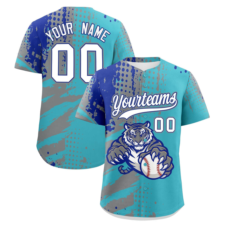 Custom Sky Blue Gray Royal Blue Baseball Jersey Full-Snap Graffiti Pattern Tiger Graffiti Jersey | BuyFootballJersey