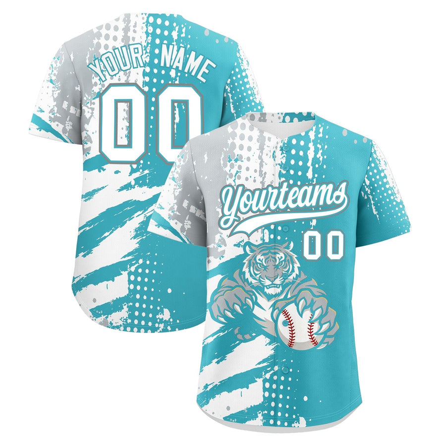 Custom Sky Blue Silver White Baseball Jersey Full-Snap Graffiti Pattern Tiger Graffiti Jersey | BuyFootballJersey