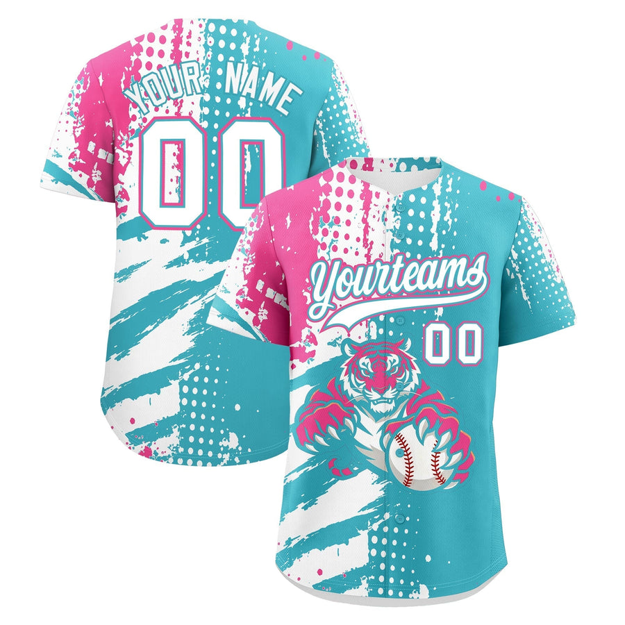 Custom Sky Blue White Pink Baseball Jersey Full-Snap Graffiti Pattern Tiger Graffiti Jersey | BuyFootballJersey