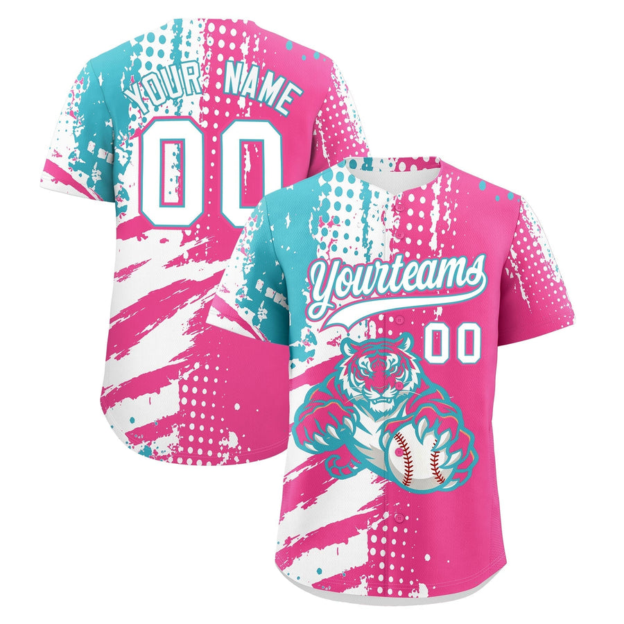 Custom Pink White Sky Blue Baseball Jersey Full-Snap Graffiti Pattern Tiger Graffiti Jersey | BuyFootballJersey