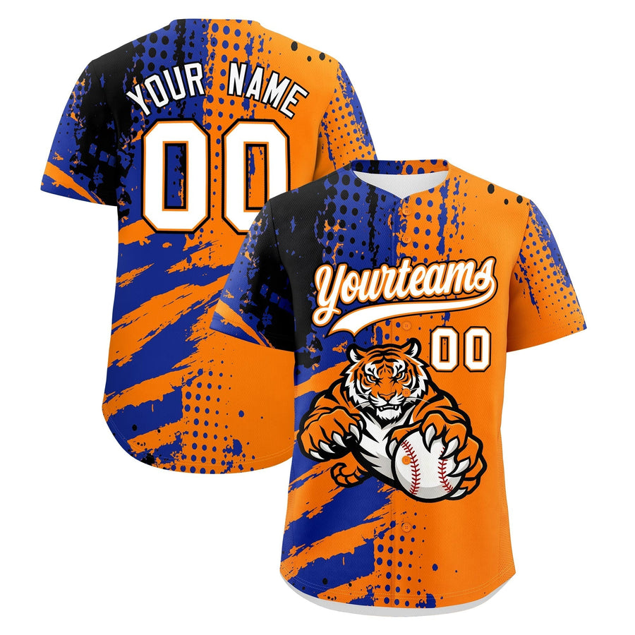 Custom Orange Royal Blue Black Baseball Jersey Full-Snap Graffiti Pattern Tiger Graffiti Jersey | BuyFootballJersey