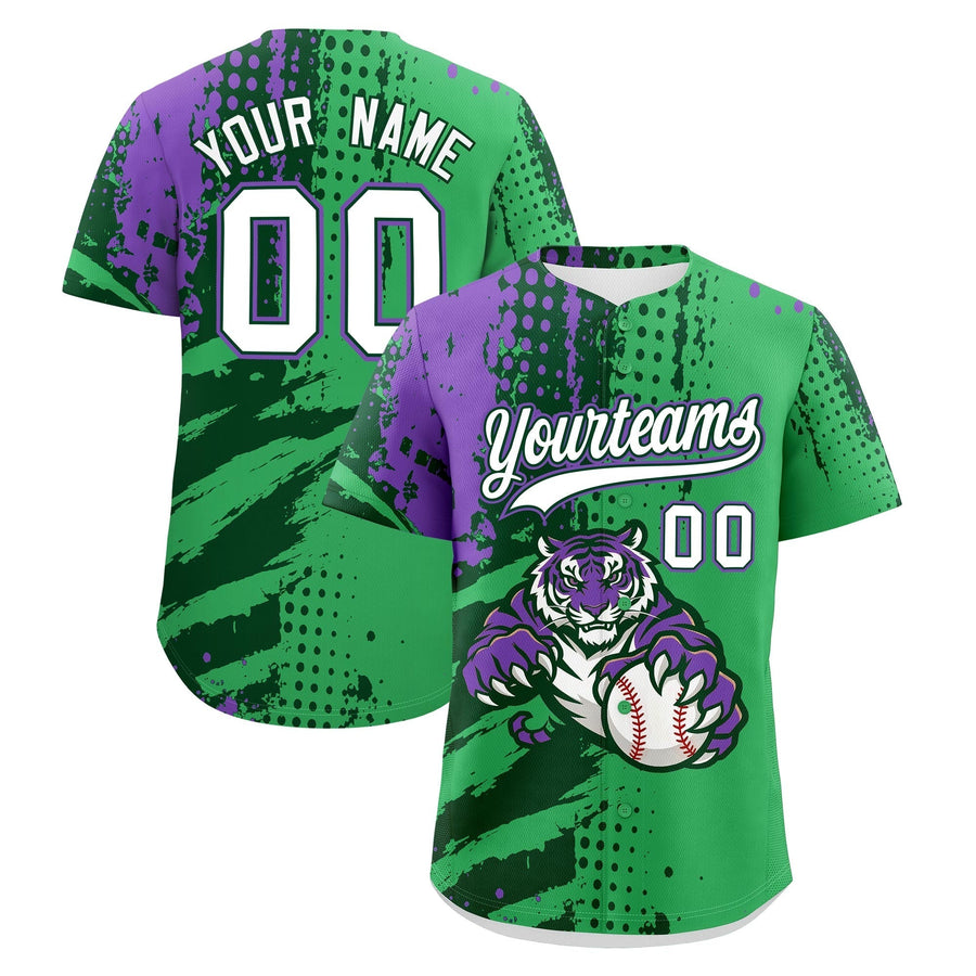 Custom Neon Green Dark Green White Baseball Jersey Full-Snap Graffiti Pattern Tiger Graffiti Jersey | BuyFootballJersey
