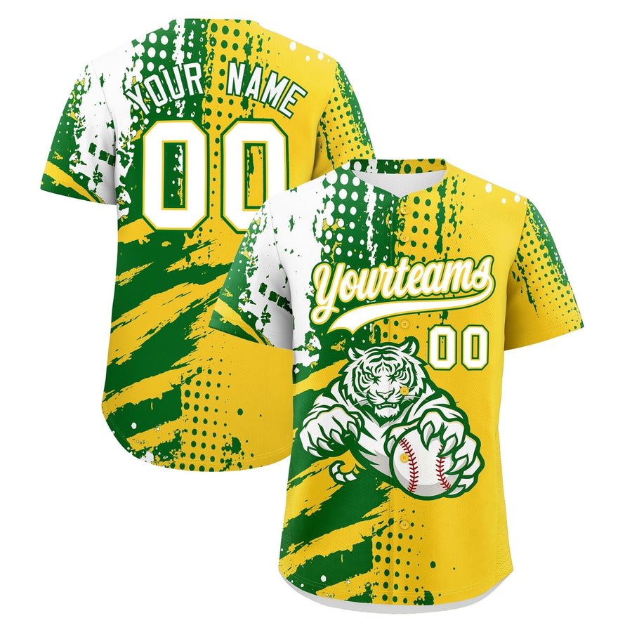 Custom Gold Kelly Green White Baseball Jersey Full-Snap Graffiti Pattern Tiger Graffiti Jersey | BuyFootballJersey