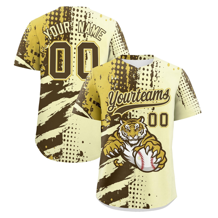 Custom Cream Light Brown Old Gold Baseball Jersey Full-Snap Graffiti Pattern Tiger Graffiti Jersey | BuyFootballJersey