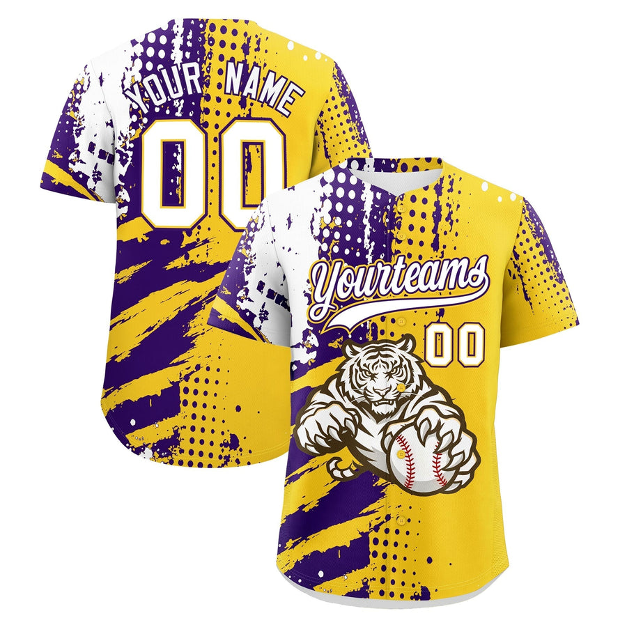 Custom Gold Purple White Baseball Jersey Full-Snap Graffiti Pattern Tiger Graffiti Jersey | BuyFootballJersey