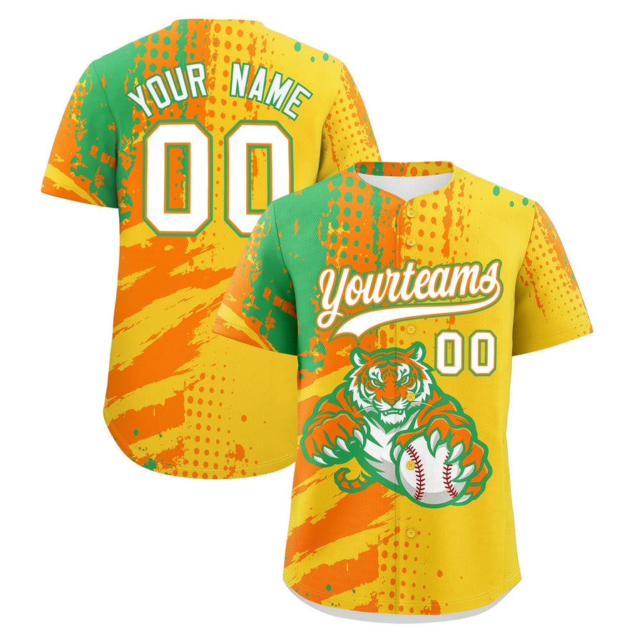 Custom Gold Orange Neon Green Baseball Jersey Full-Snap Graffiti Pattern Tiger Graffiti Jersey | BuyFootballJersey