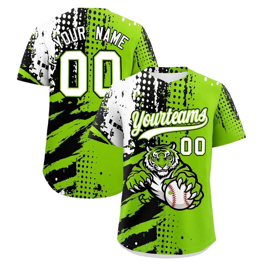 Custom Neon Green Black White Baseball Jersey Full-Snap Graffiti Pattern Tiger Graffiti Jersey | BuyFootballJersey