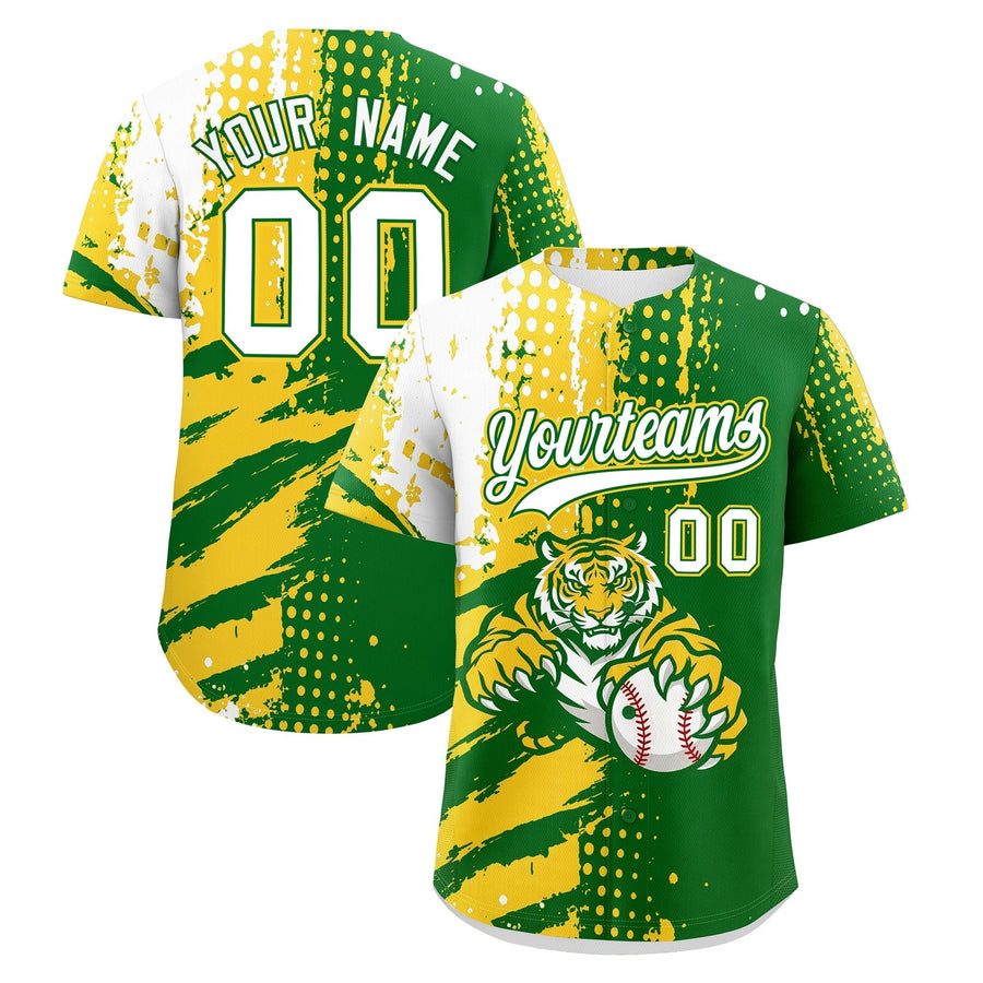 Custom Kelly Green Gold White Baseball Jersey Full-Snap Graffiti Pattern Tiger Graffiti Jersey | BuyFootballJersey