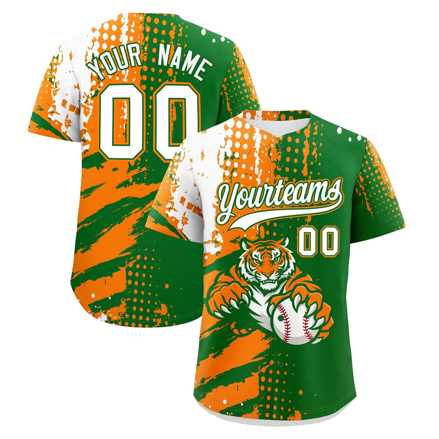 Custom Kelly Green Orange White Baseball Jersey Full-Snap Graffiti Pattern Tiger Graffiti Jersey | BuyFootballJersey
