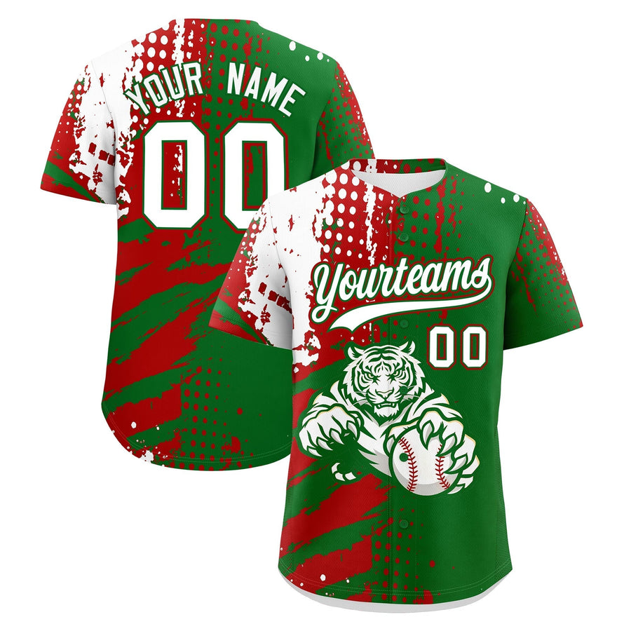 Custom Kelly Green Red White Baseball Jersey Full-Snap Graffiti Pattern Tiger Graffiti Jersey | BuyFootballJersey