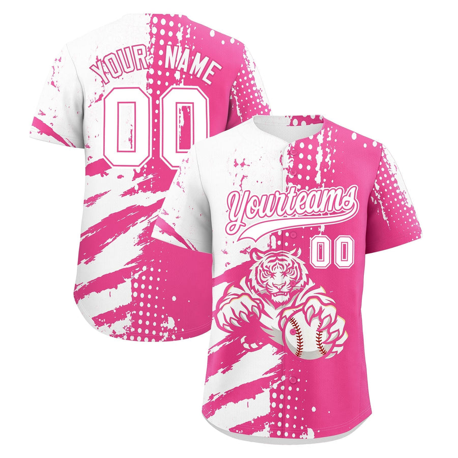 Custom White Pink Baseball Jersey Full-Snap Graffiti Pattern Tiger Graffiti Jersey | BuyFootballJersey