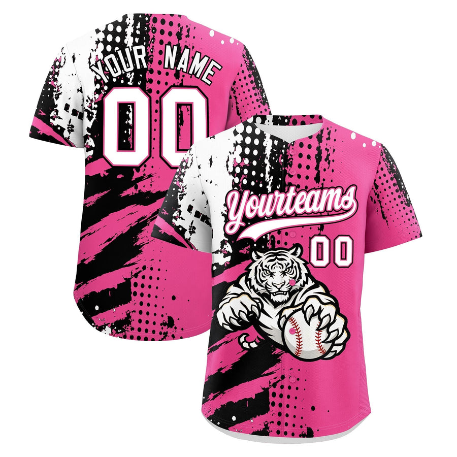 Custom Pink Black White Baseball Jersey Full-Snap Graffiti Pattern Tiger Graffiti Jersey | BuyFootballJersey