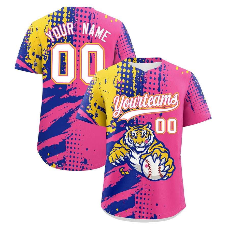 Custom Pink Royal Blue Gold Baseball Jersey Full-Snap Graffiti Pattern Tiger Graffiti Jersey | BuyFootballJersey