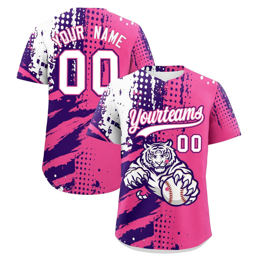 Custom Pink Purple White Baseball Jersey Full-Snap Graffiti Pattern Tiger Graffiti Jersey | BuyFootballJersey