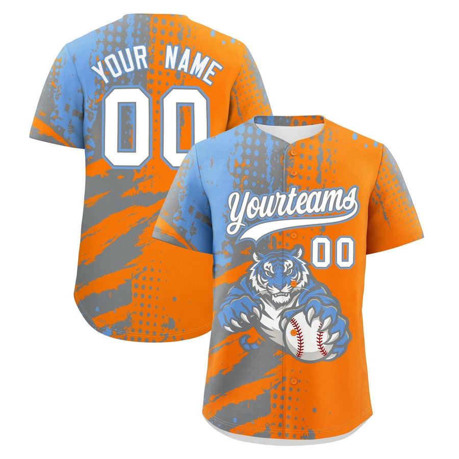 Custom Orange Silver Light Blue Baseball Jersey Full-Snap Graffiti Pattern Tiger Graffiti Jersey | BuyFootballJersey