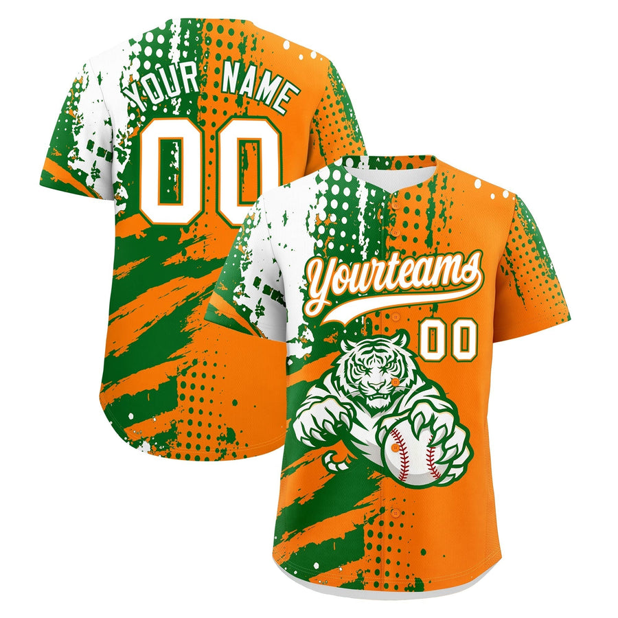 Custom Orange Kelly Green White Baseball Jersey Full-Snap Graffiti Pattern Tiger Graffiti Jersey | BuyFootballJersey