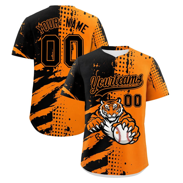 Custom Orange Black Baseball Jersey Full-Snap Graffiti Pattern Tiger Graffiti Jersey | BuyFootballJersey