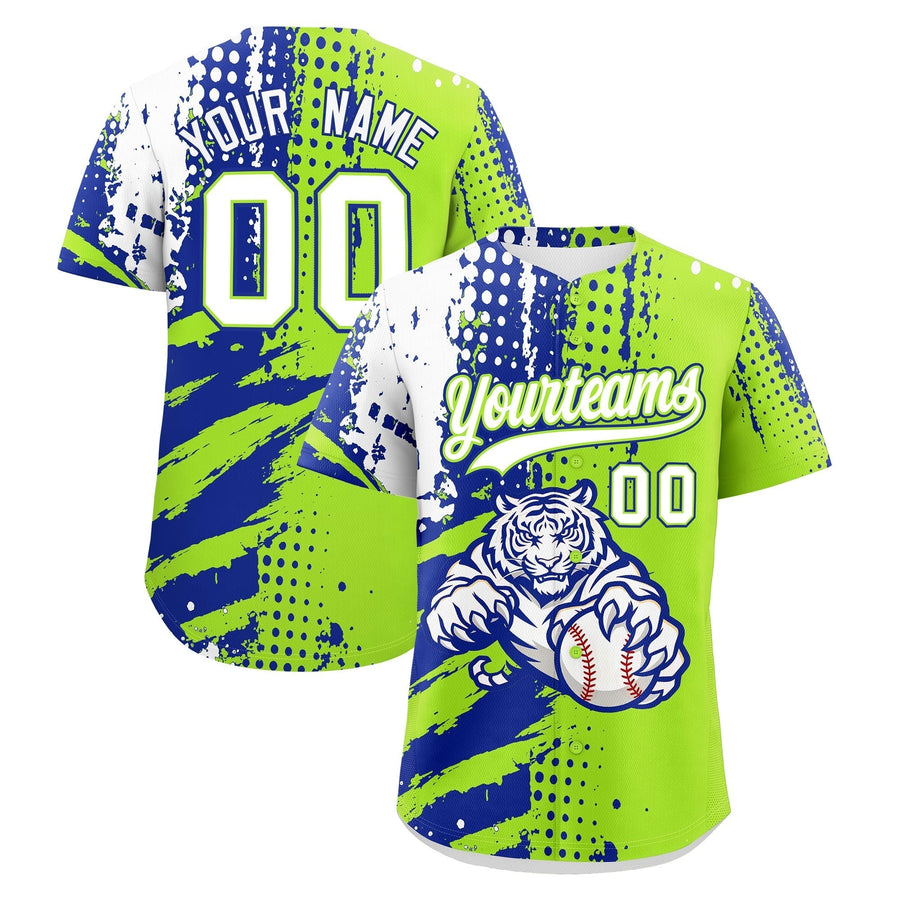 Custom Royal Blue Neon Green White Baseball Jersey Full-Snap Graffiti Pattern Tiger Graffiti Jersey | BuyFootballJersey