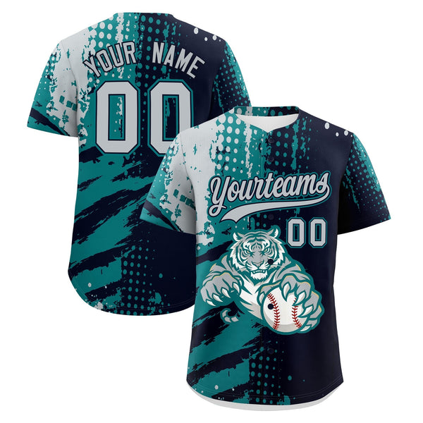 Custom Navy Teal Silver Baseball Jersey Full-Snap Graffiti Pattern Tiger Graffiti Jersey | BuyFootballJersey