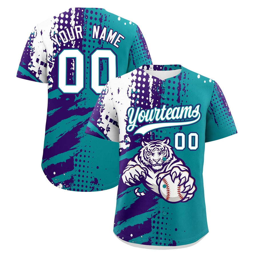 Custom Teal Purple White Baseball Jersey Full-Snap Graffiti Pattern Tiger Graffiti Jersey | BuyFootballJersey