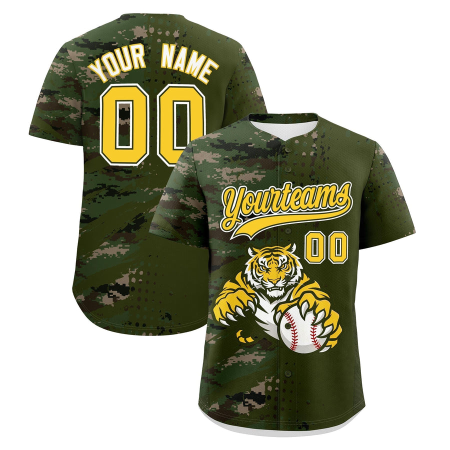 Custom Olive Camo Gold Baseball Jersey Full-Snap Graffiti Pattern Tiger Graffiti Jersey | BuyFootballJersey