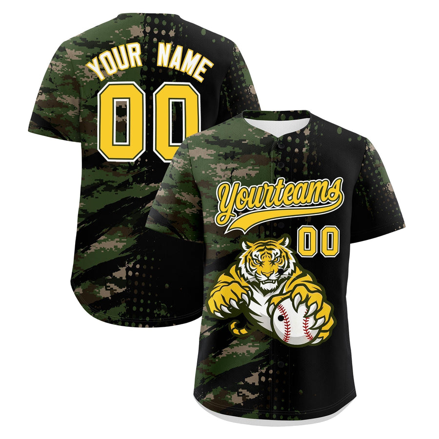Custom Camo Black Gold Baseball Jersey Full-Snap Graffiti Pattern Tiger Graffiti Jersey | BuyFootballJersey