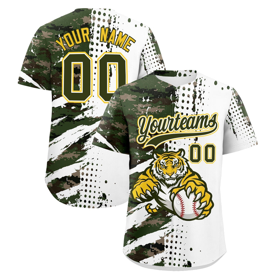 Custom White Camo Olive Baseball Jersey Full-Snap Graffiti Pattern Tiger Graffiti Jersey | BuyFootballJersey