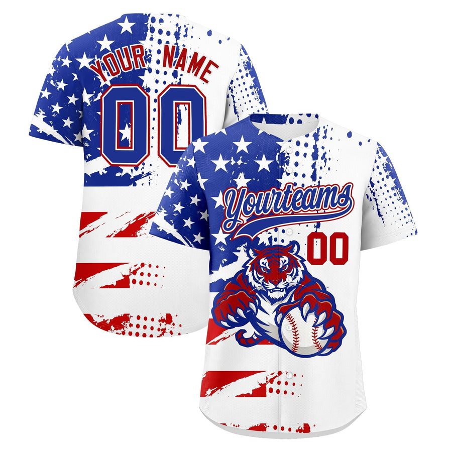 Custom Royal Blue White Red Baseball Jersey Full-Snap Graffiti Pattern Tiger Graffiti Jersey | BuyFootballJersey