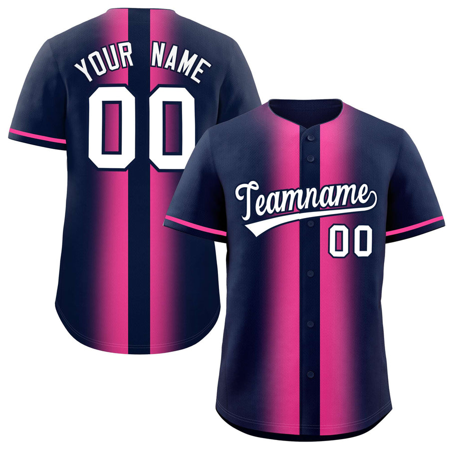 Custom Navy Pink Lapel Gradient Fashion Baseball Jersey | BuyFootballJersey