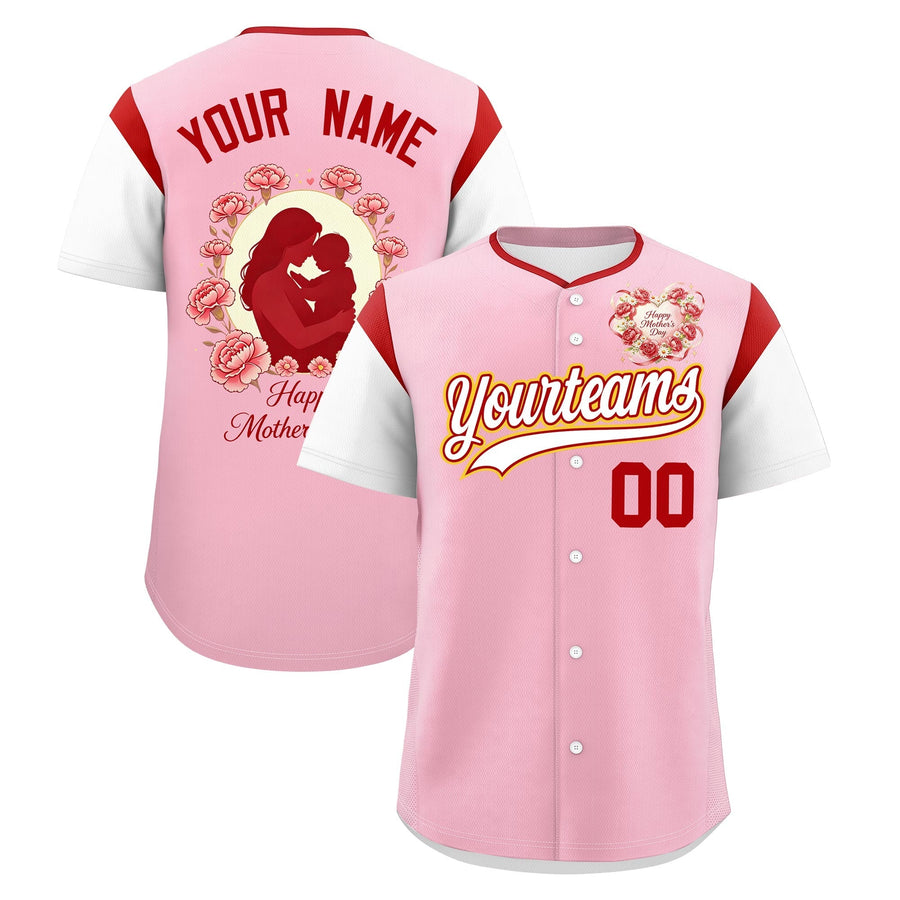 Custom Light Pink White Red Mother's Day Style Personalization Breathable Baseball Jersey | BuyFootballJersey