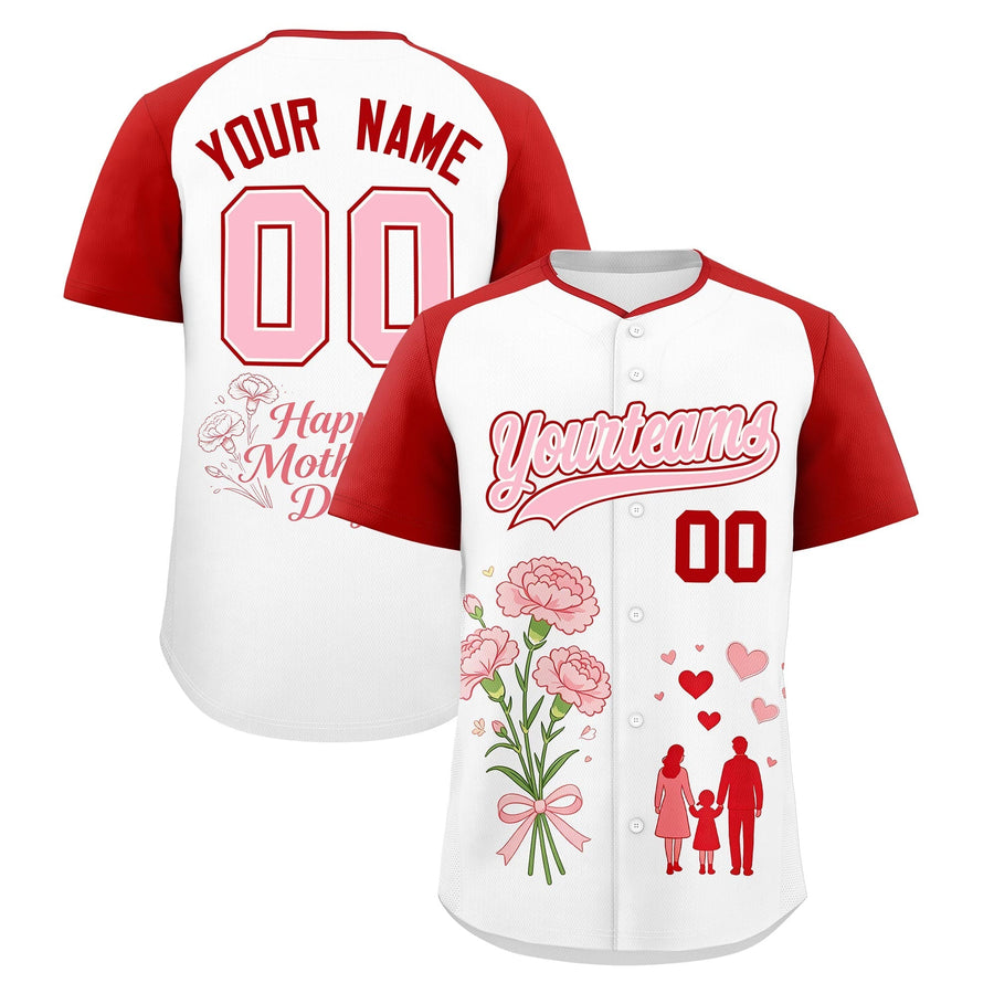 Custom White Red Light Pink Mother's Day Style Personalization Wrinkle-Resistant Baseball Jersey | BuyFootballJersey