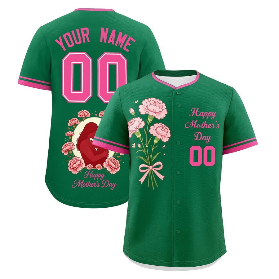 Custom Kelly Green Pink Mother's Day Style Personalization Wrinkle-Resistant Baseball Jersey | BuyFootballJersey