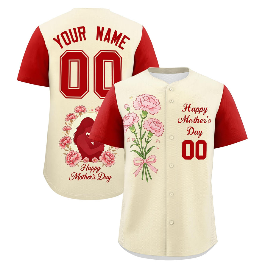 Custom Light Khaki Red Mother's Day Style Personalization Breathable Baseball Jersey | BuyFootballJersey