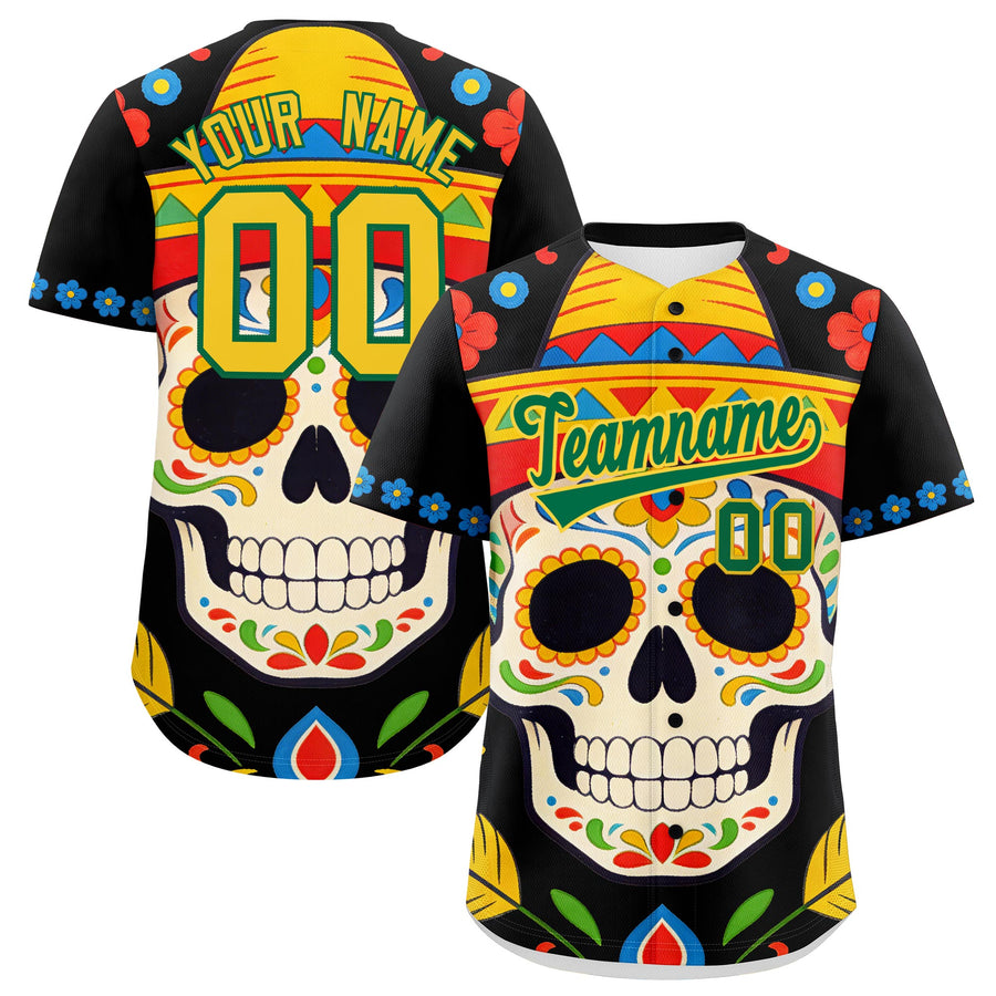 Custom Black Kelly Green Gold Graffiti Pattern Mexican style Stretch Fabric Baseball Jersey | BuyFootballJersey
