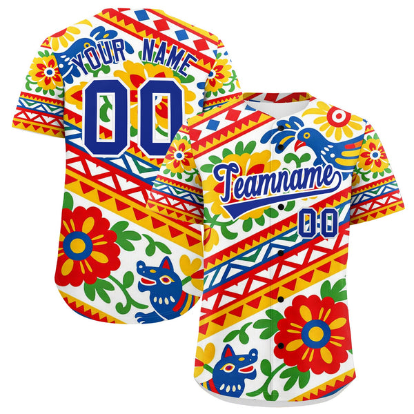 Custom White Royal Blue Graffiti Pattern Mexican style Stretch Fabric Baseball Jersey | BuyFootballJersey