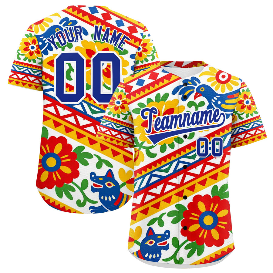 Custom White Royal Blue Graffiti Pattern Mexican style Stretch Fabric Baseball Jersey | BuyFootballJersey