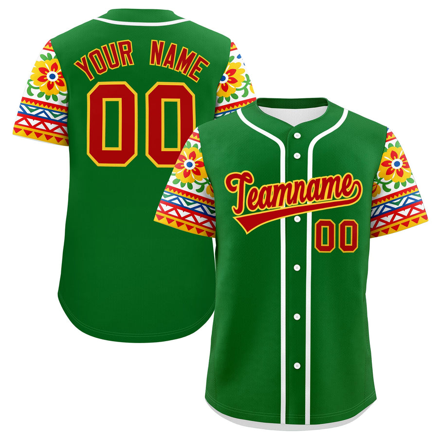 Custom Kelly Green Red Gold Graffiti Pattern Mexican style Stretch Fabric Baseball Jersey | BuyFootballJersey